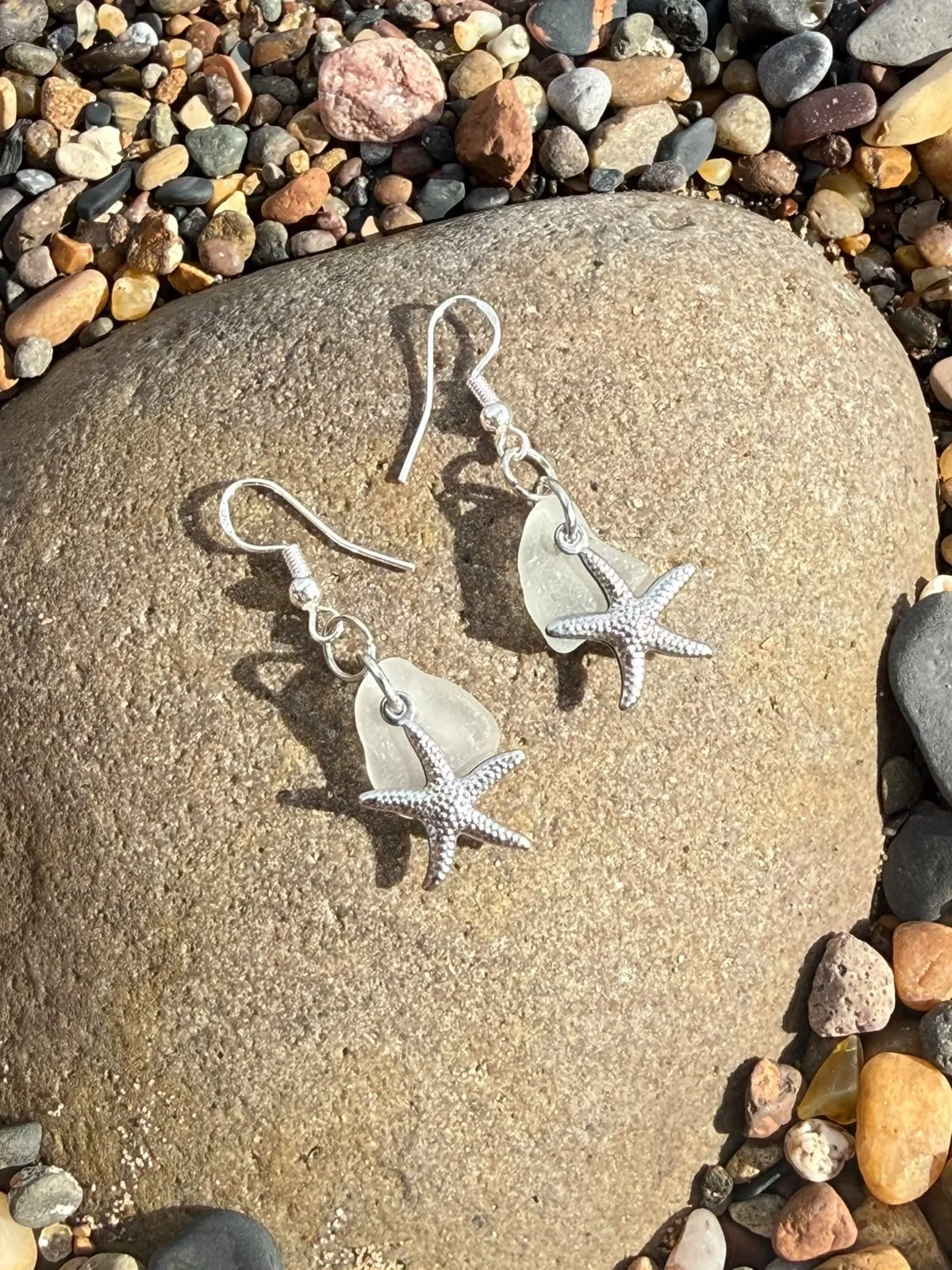 white seaglass and silver starfish earrings
