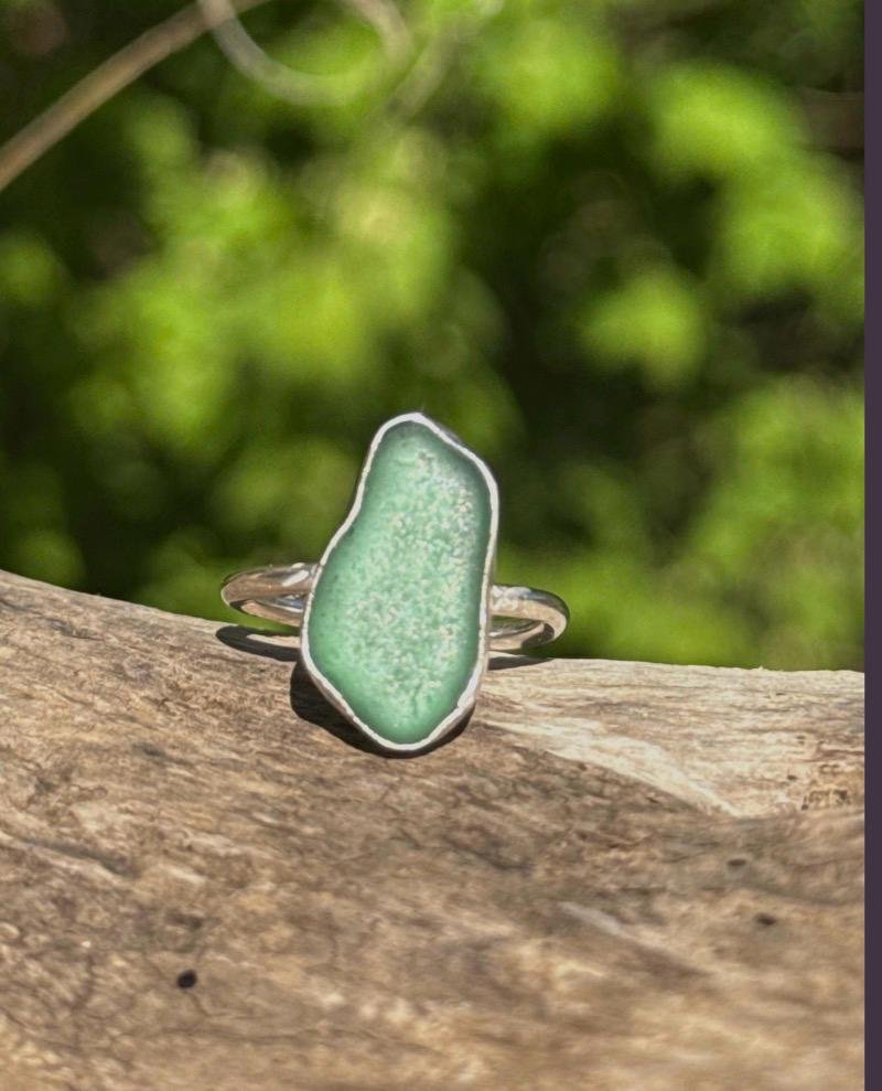 Emerald green sea glass ring