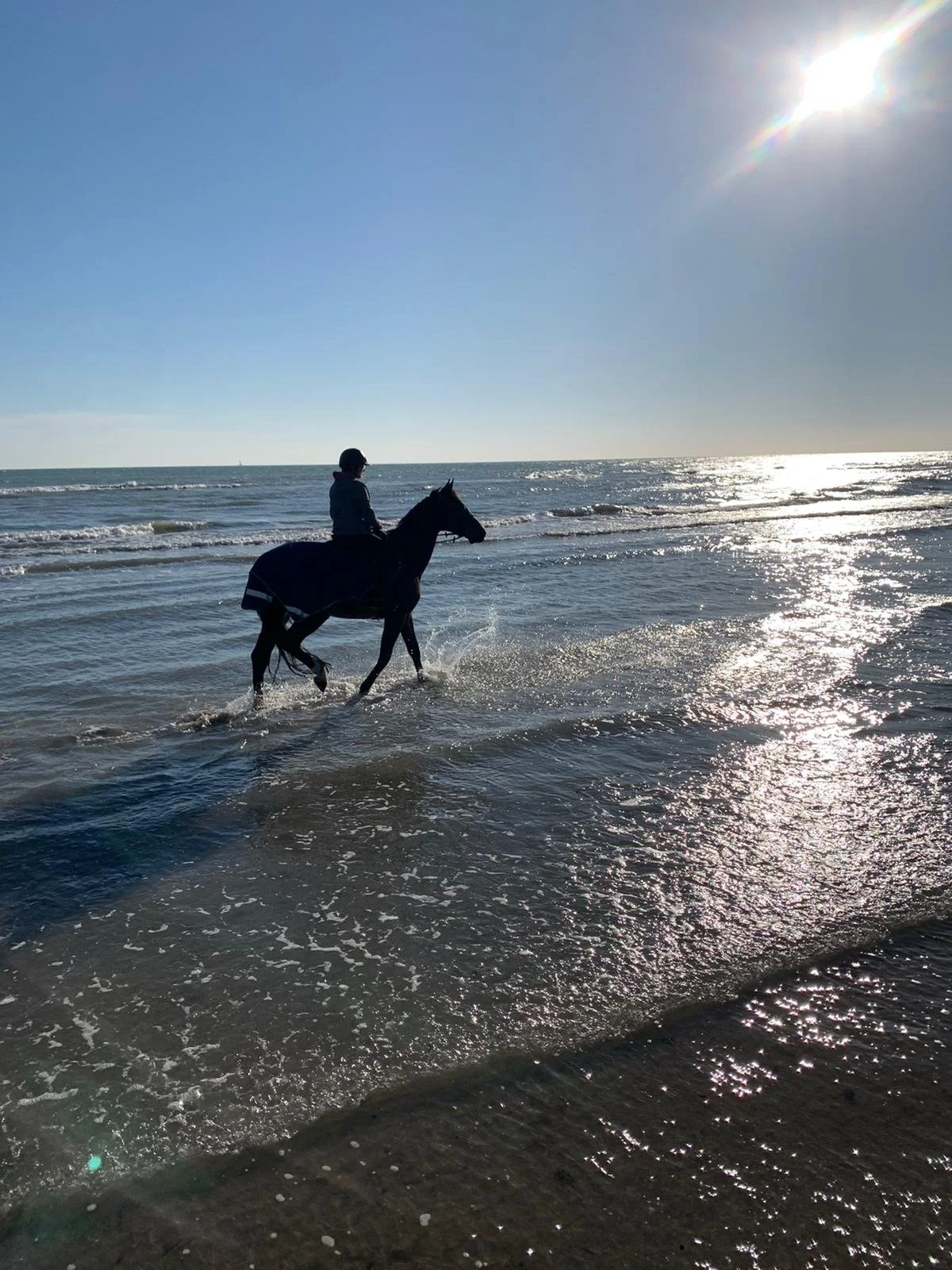 Cavaliere che attraversa la spiaggia con il cavallo, con il sole splendente nel cielo e il mare sullo sfondo.