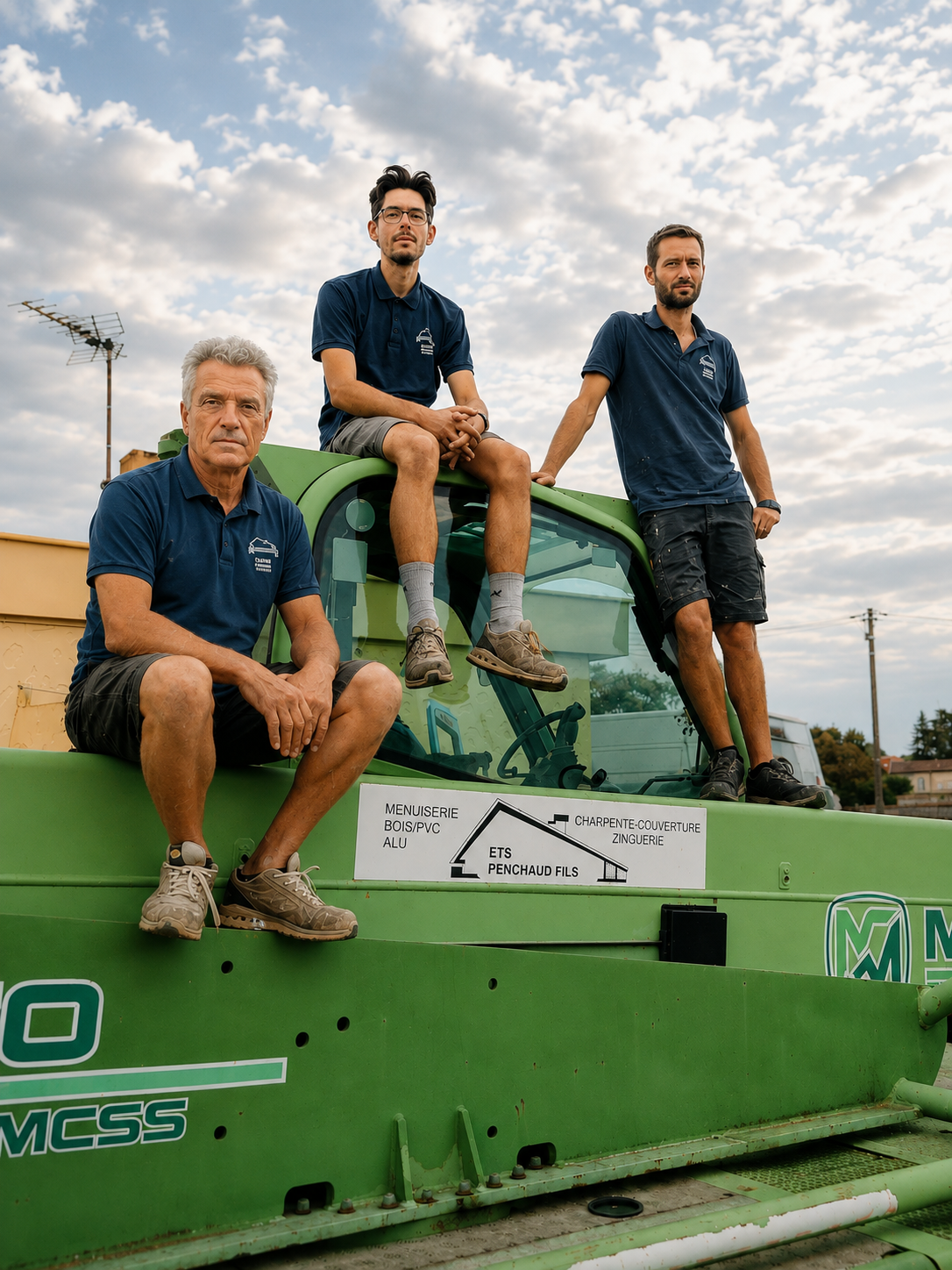 Trois hommes en vêtements bleus posent sur une machine de construction verte, avec le ciel nuageux en arrière-plan.
