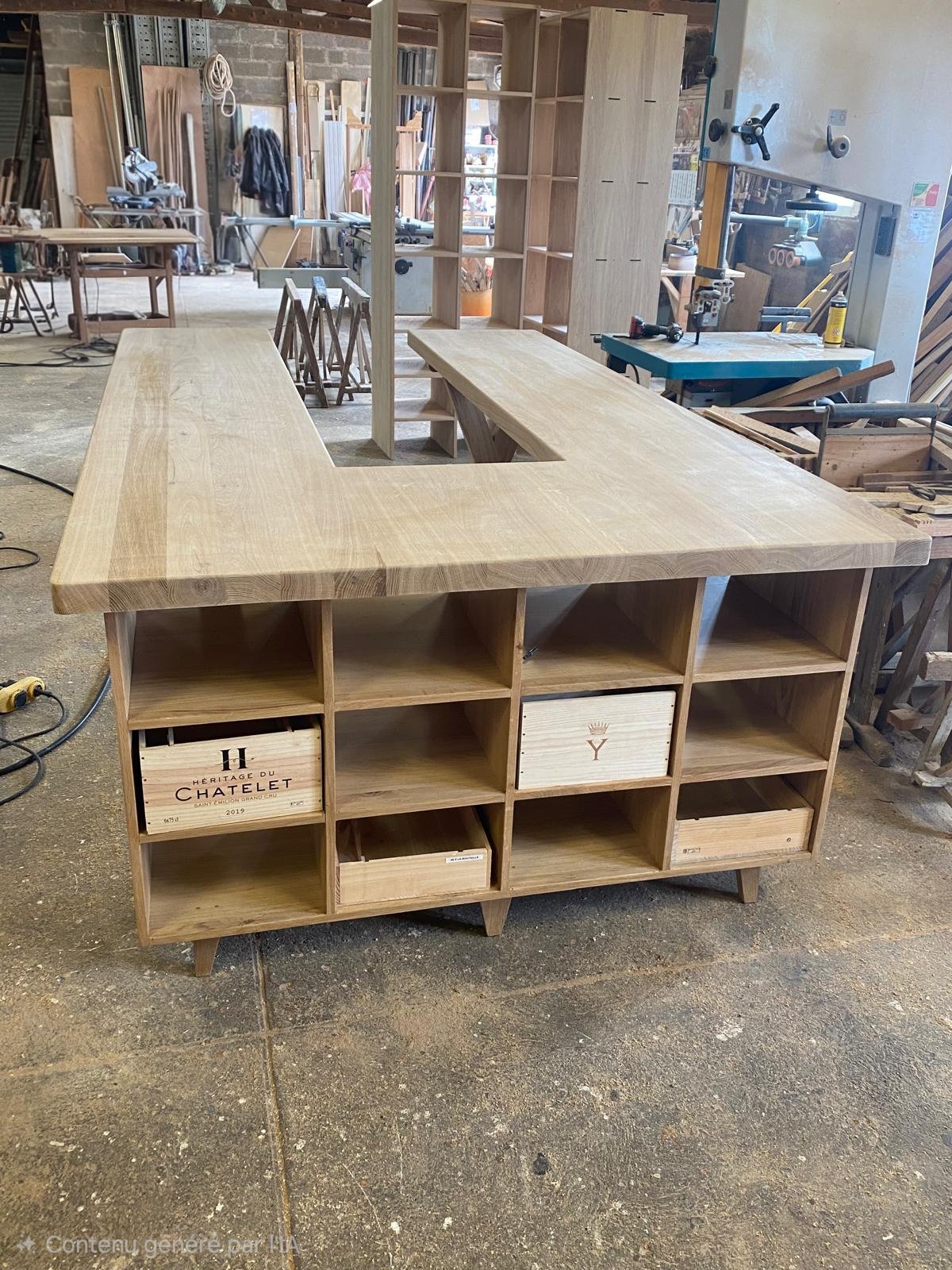 Fabrication et création d'une table de dégustation pour un magasin de vin à Saint-Émilion.