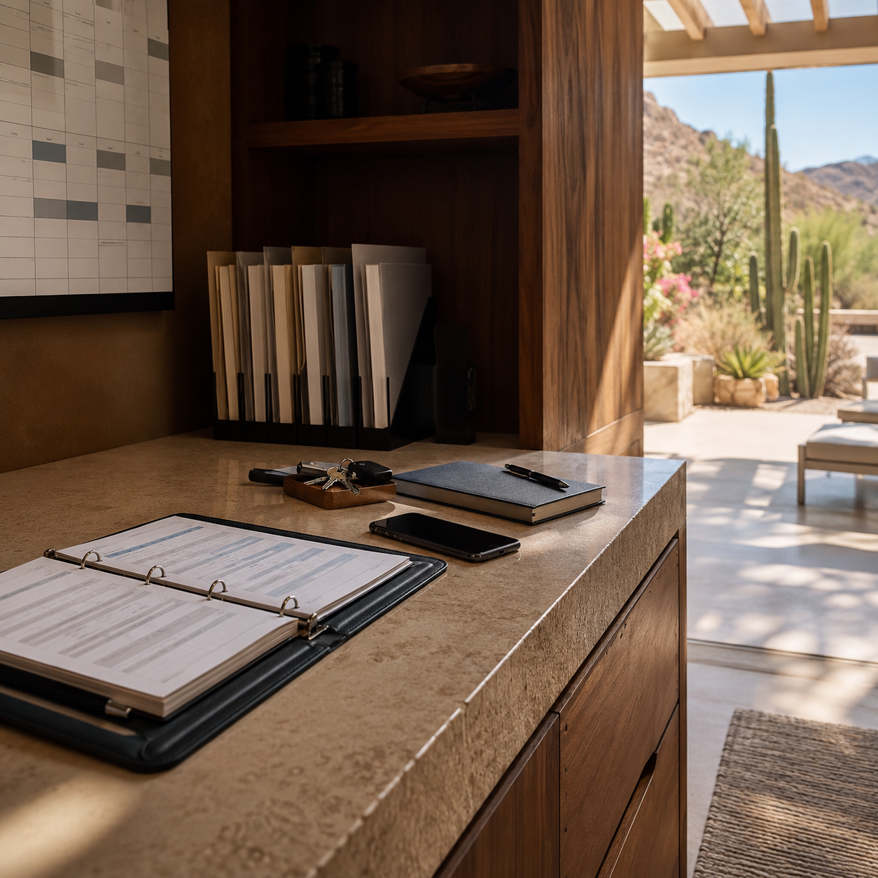 Household calendar, residence files and property keys organized for recurring service scheduling at a private Los Cabos residence.
