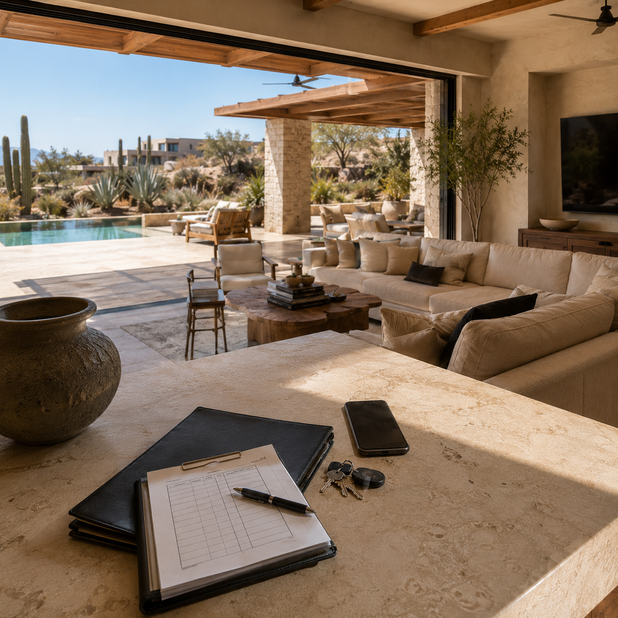 Private Los Cabos residence with property checklist and keys during scheduled oversight of interior, pool and exterior areas.