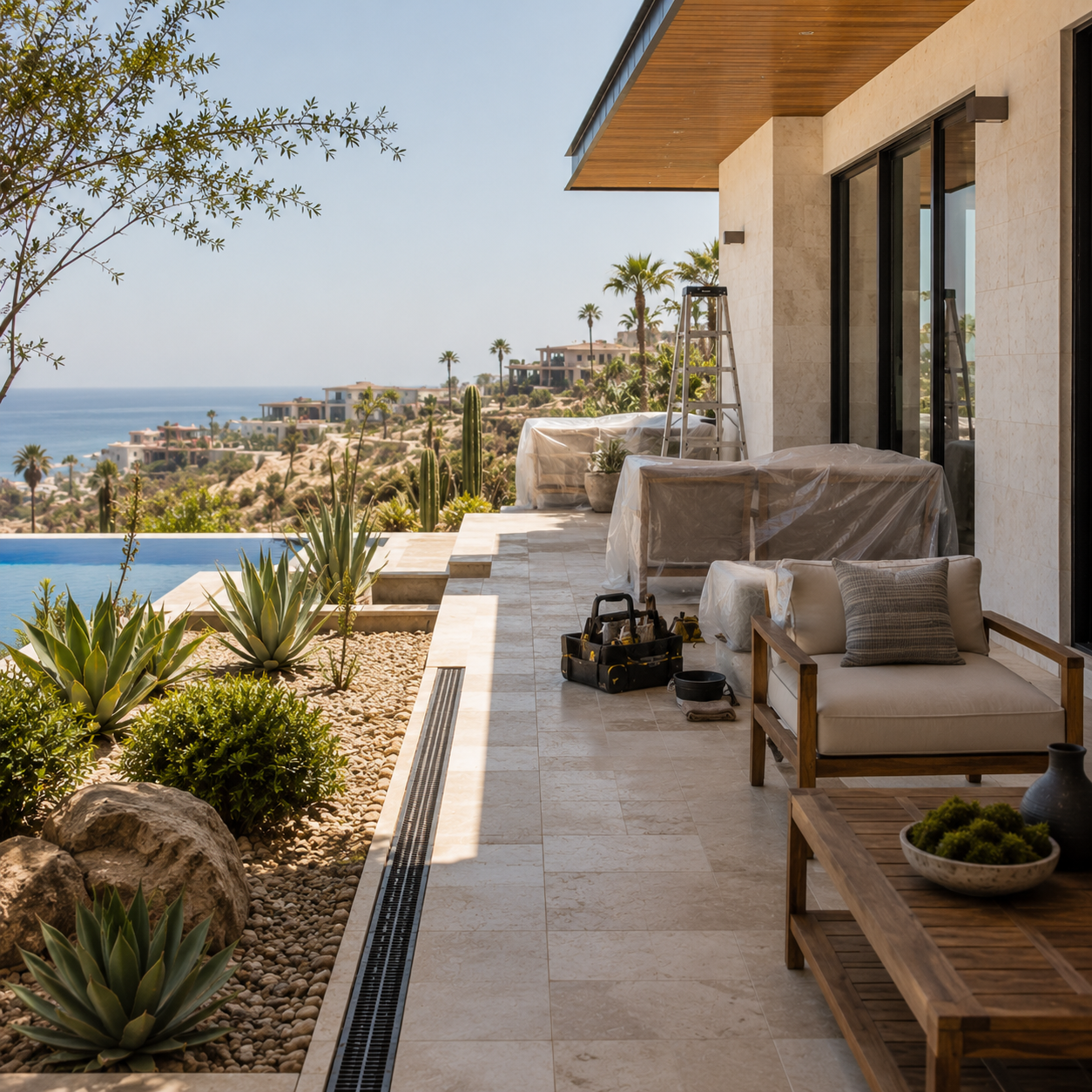 Exterior terrace and architectural details of a private Los Cabos residence reviewed during preventive maintenance oversight.