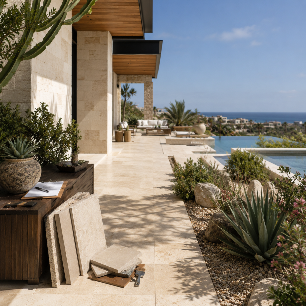 Exterior terrace of a Los Cabos residence with materials and organized project elements for renovation oversight.