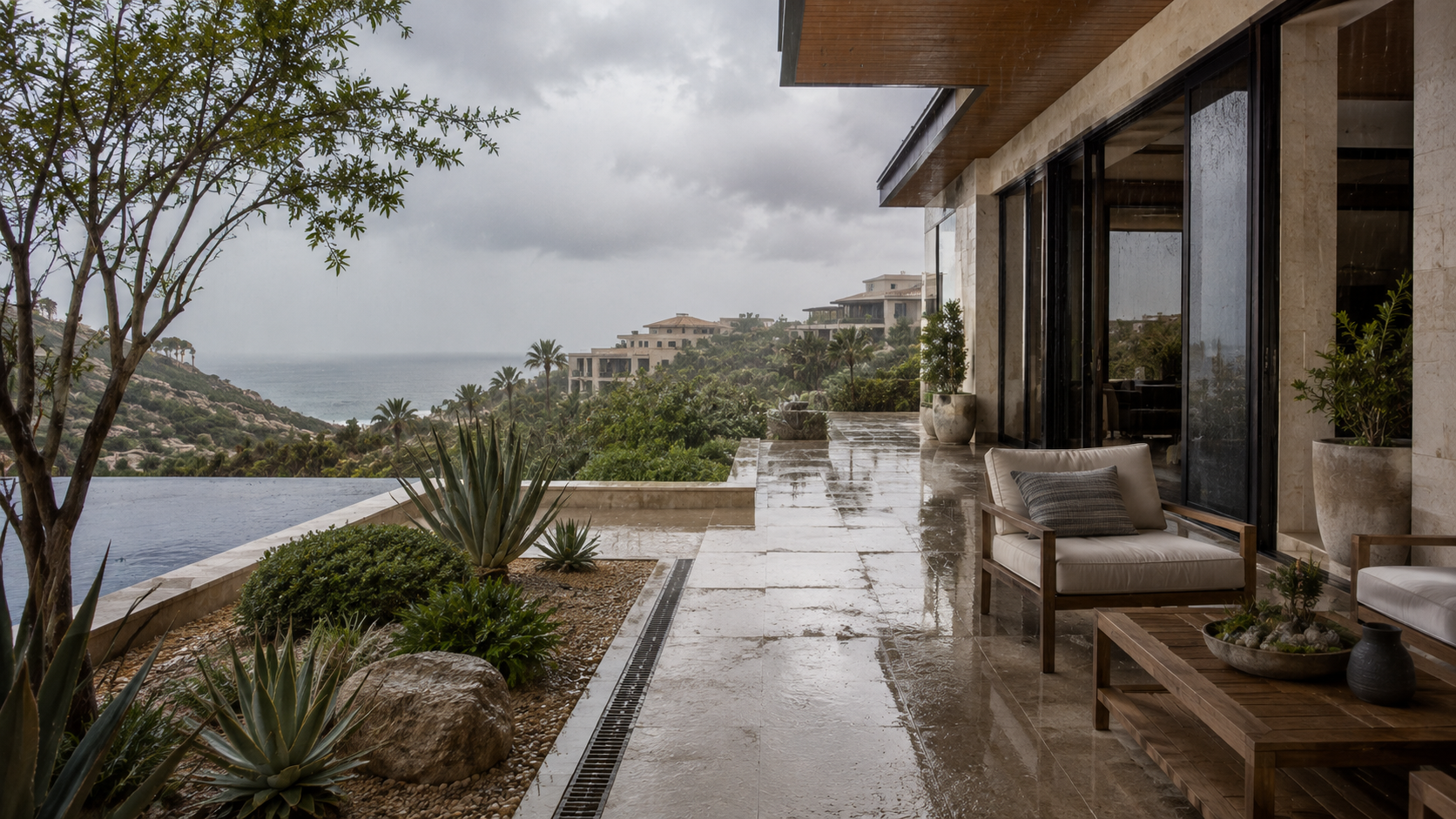 Seasonal rain and drainage at a Los Cabos residence with wet stone paving, architectural drains and a protected outdoor terrace.