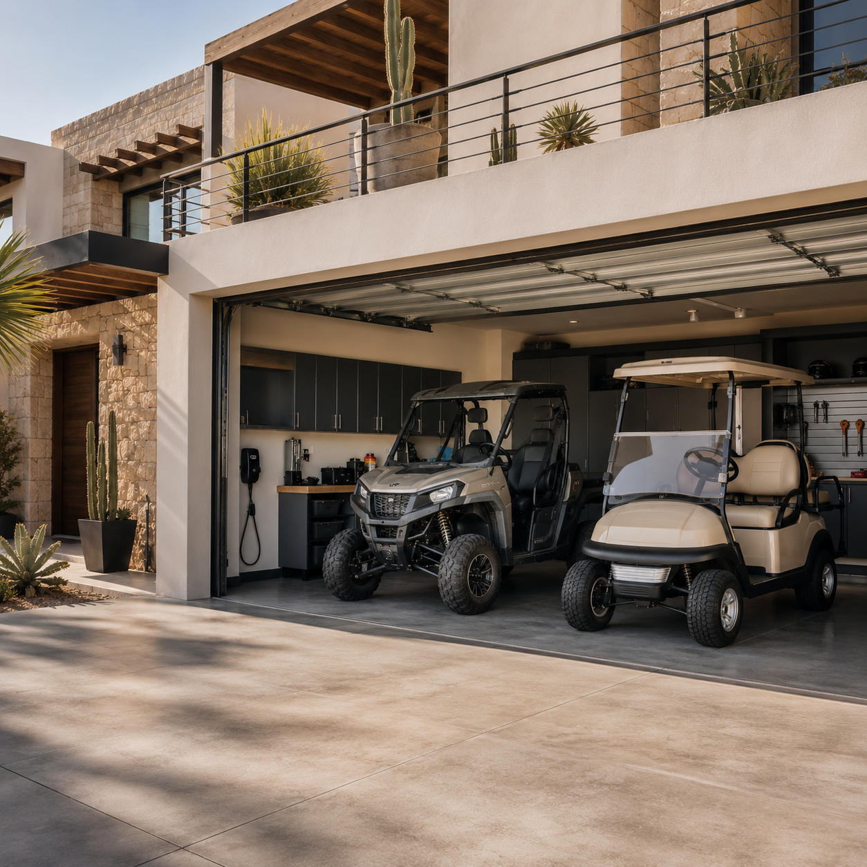 Private garage at a contemporary Los Cabos residence with UTV and golf cart parked beside organized vehicle-care equipment.