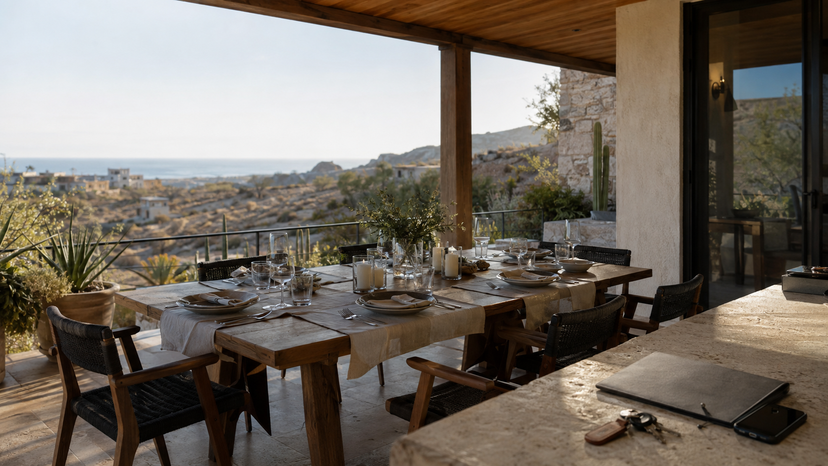 Outdoor dining terrace at a private Los Cabos residence prepared for an owner dinner through discreet concierge and lifestyle coordination.