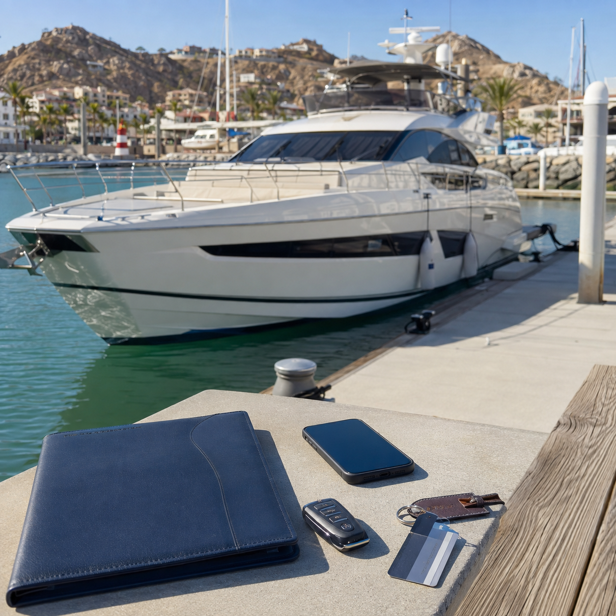 Private motor yacht at a Los Cabos marina with marine coordination folder, smartphone and access credentials prepared for owner support.