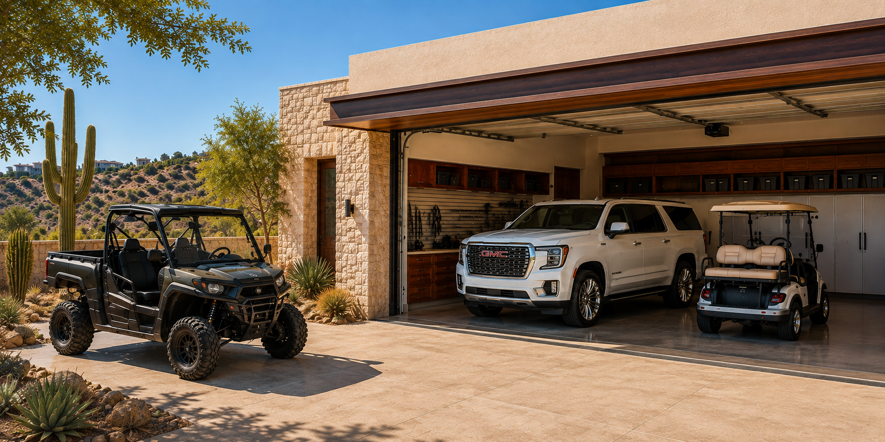 Private vehicle coordination at a Los Cabos residence with a white premium SUV, four-seat golf cart and UTV prepared beside an organized residential garage.