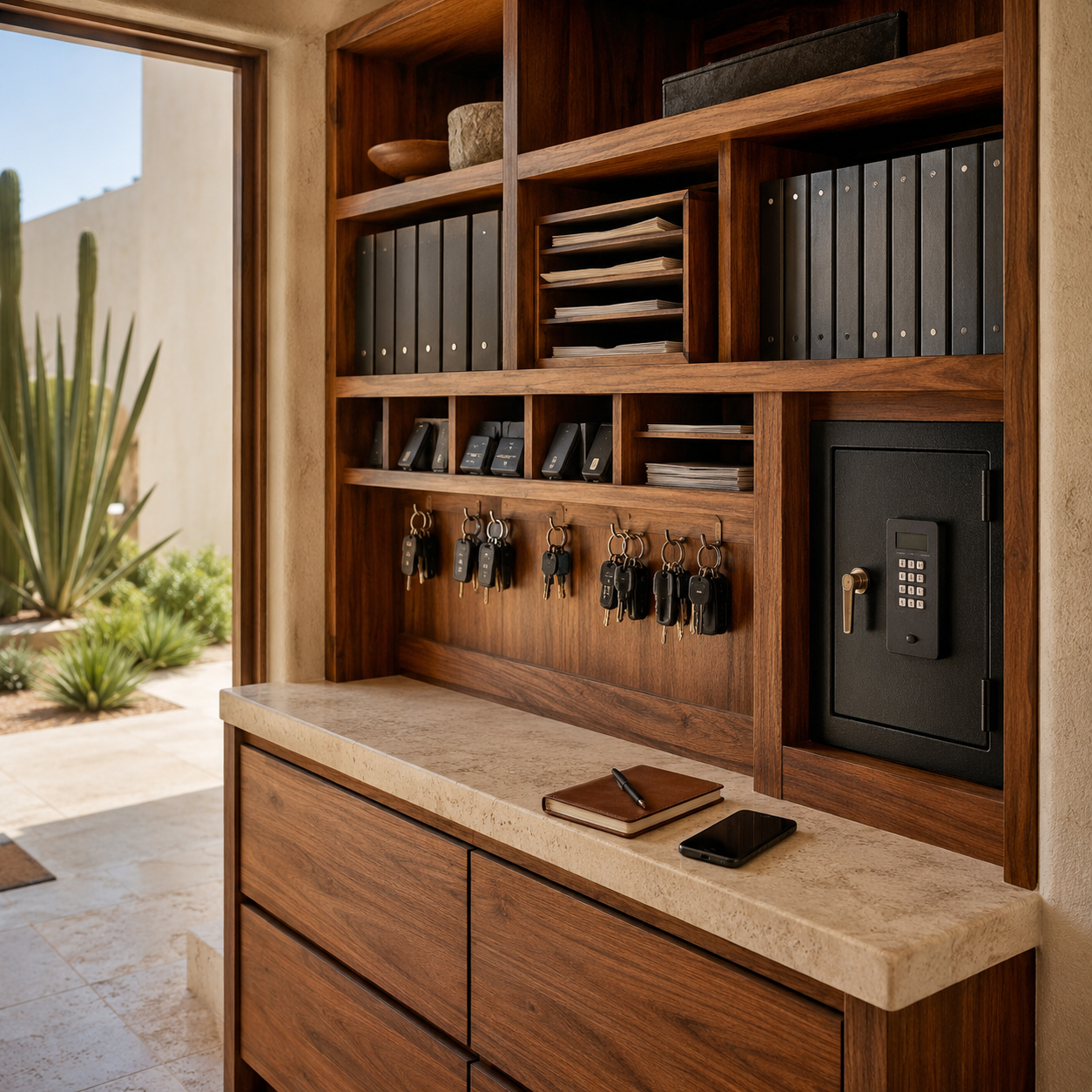 Property records, access cards and residence keys securely organized inside a private Los Cabos home.