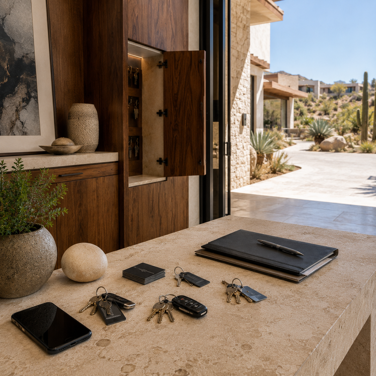 Residence reports, maintenance records and property keys organized for documented owner updates at a private Los Cabos home.