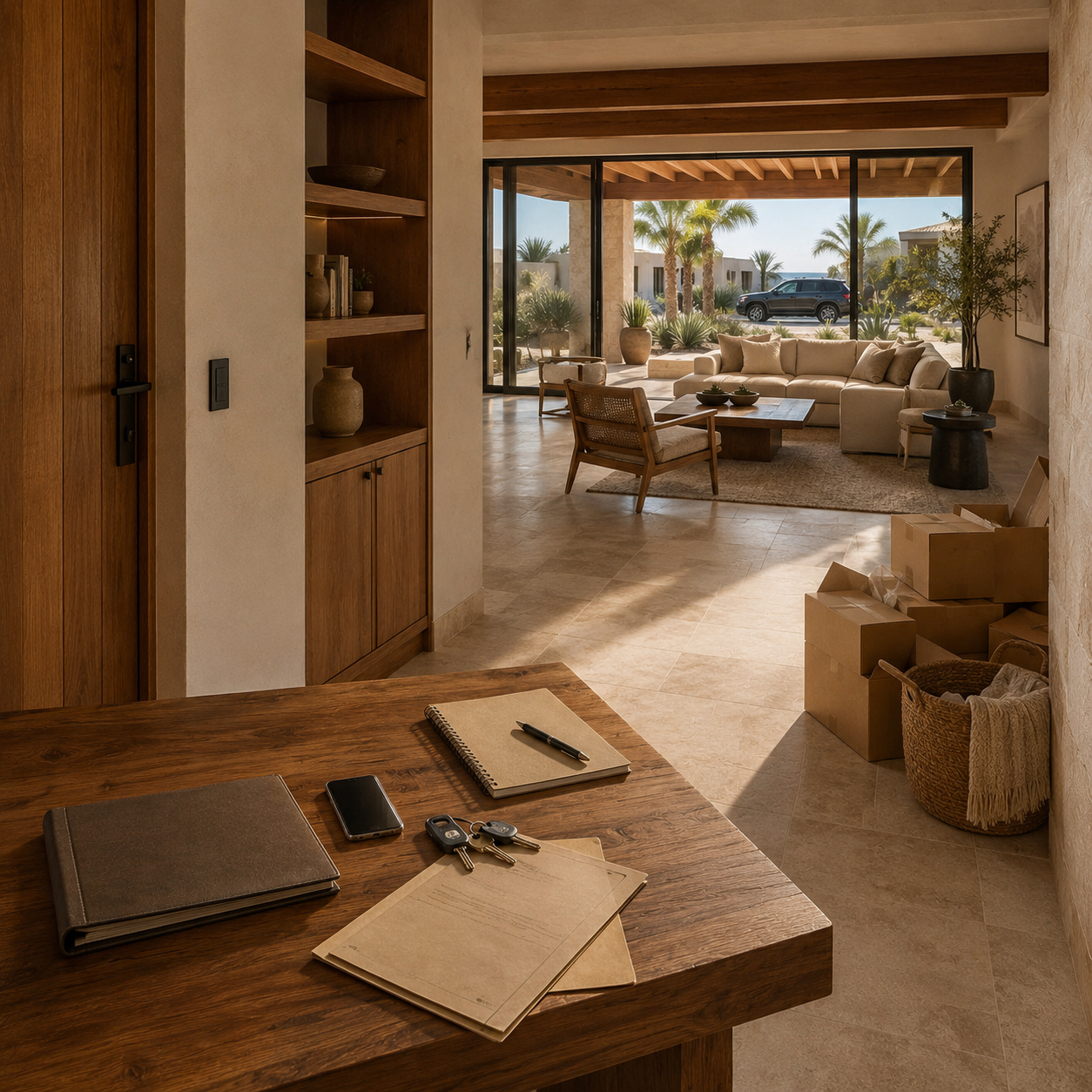 Private Los Cabos home being organized during relocation with household boxes, property keys and residence information prepared for settling in.