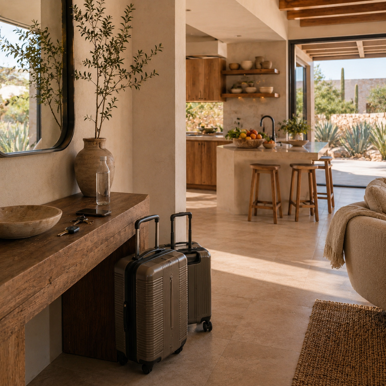 Private Los Cabos residence prepared for owner arrival with luggage area, property keys, fresh provisions and household essentials.