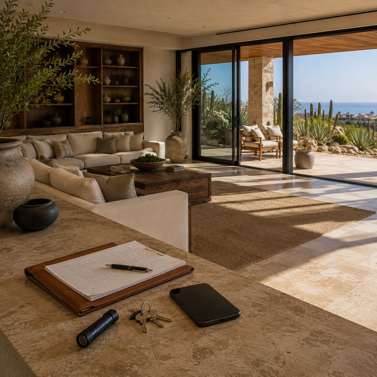 Interior of a private Los Cabos residence reviewed during a scheduled Home Watch inspection of doors, windows and living areas