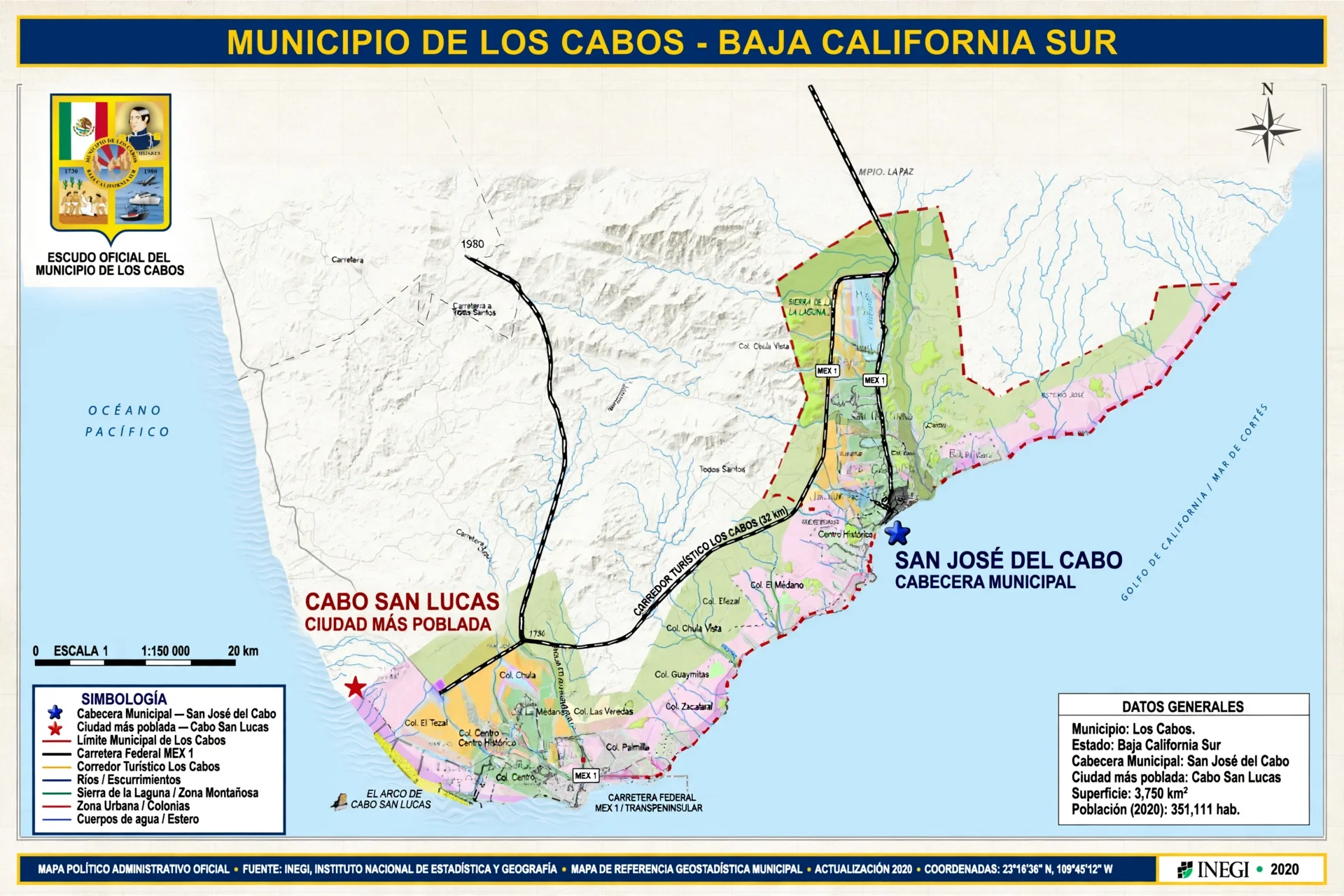 Official map of Los Cabos Municipality, Baja California Sur, showing Cabo San Lucas, San José del Cabo and the Tourist Corridor