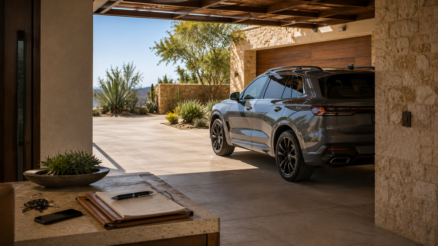 Private vehicle coordination at a Los Cabos residence with a premium SUV under a shaded carport and vehicle keys with residence documents.