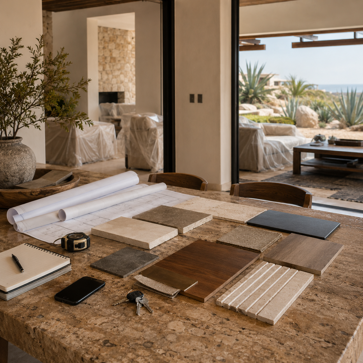 Interior renovation coordination at a Los Cabos residence with finish samples, plans and protected living spaces.