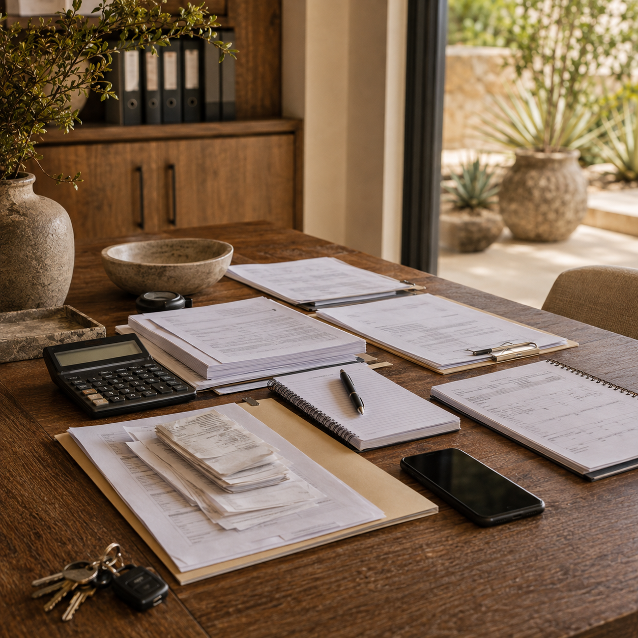 Residence invoices, receipts, property keys and household records organized for expense documentation at a private Los Cabos home.