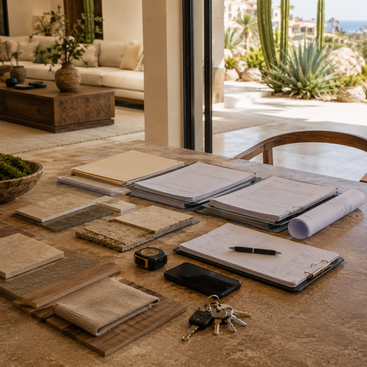 Vendor folders, finish samples and residence keys organized on a table for private home vendor coordination in Los Cabos.