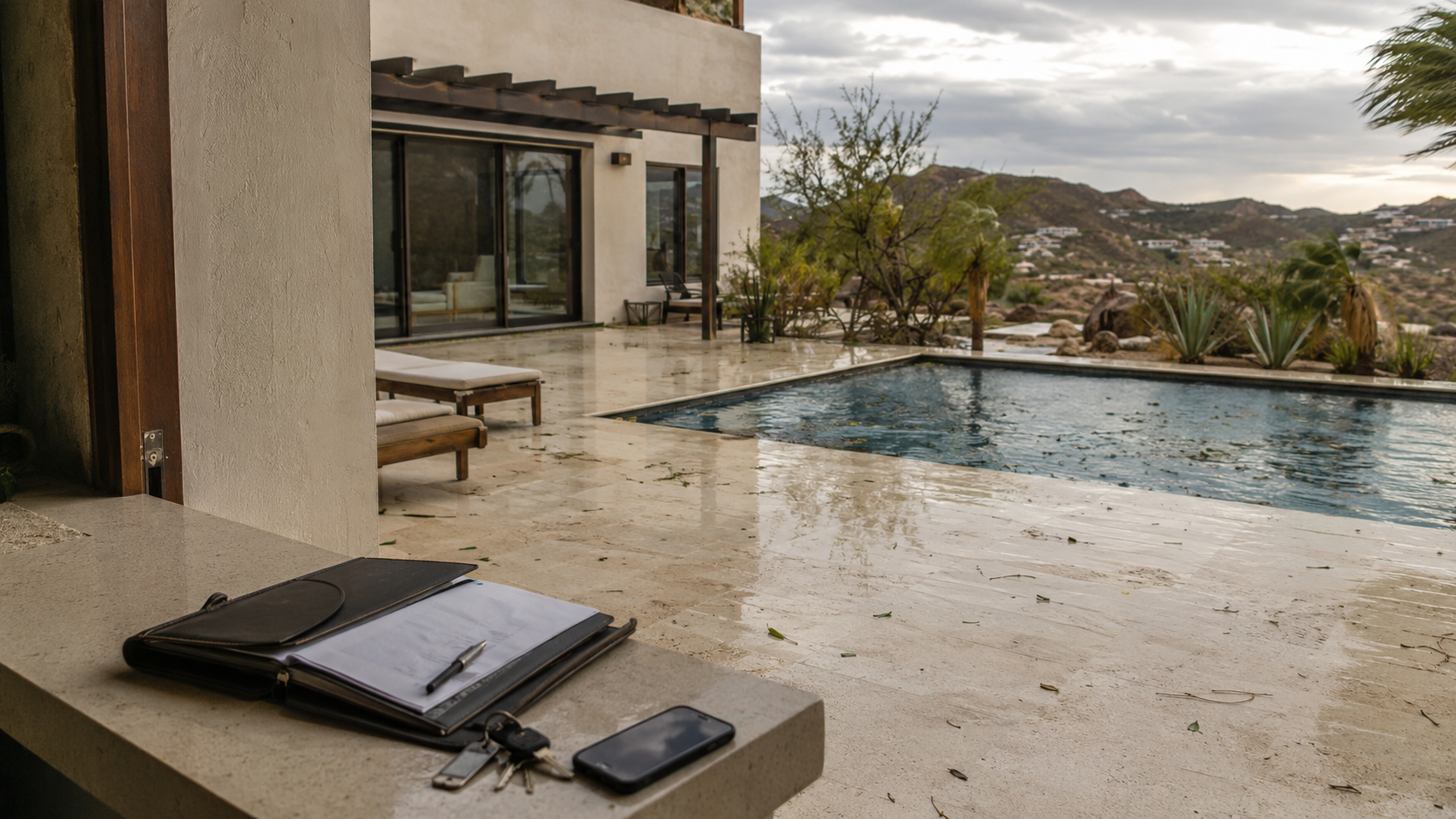 Private Los Cabos residence inspected after a tropical storm with wet terraces, minor windblown debris and exterior areas checked for damage.