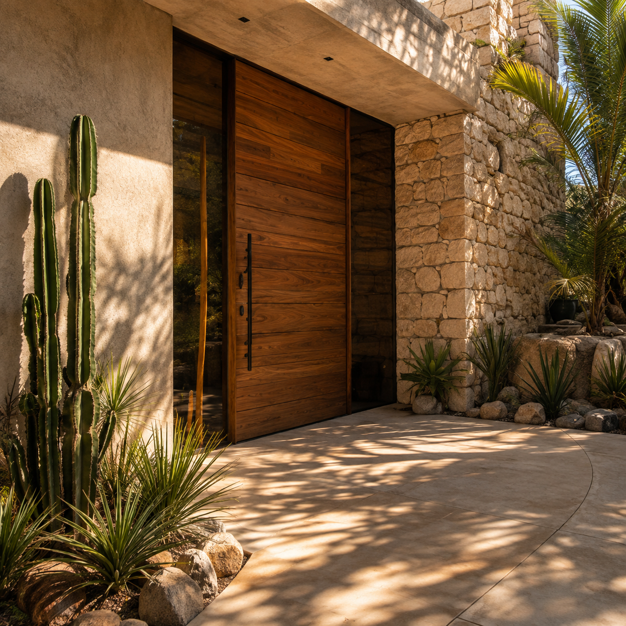 Contemporary private residence entrance in Los Cabos with stone, wood and desert landscaping