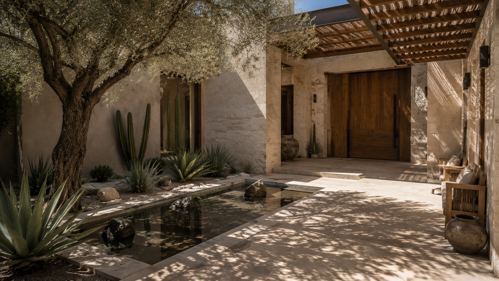 Quiet private courtyard at a contemporary Los Cabos residence with stone walls, parota wood entrance, olive tree, agaves, cacti and a reflecting water feature.