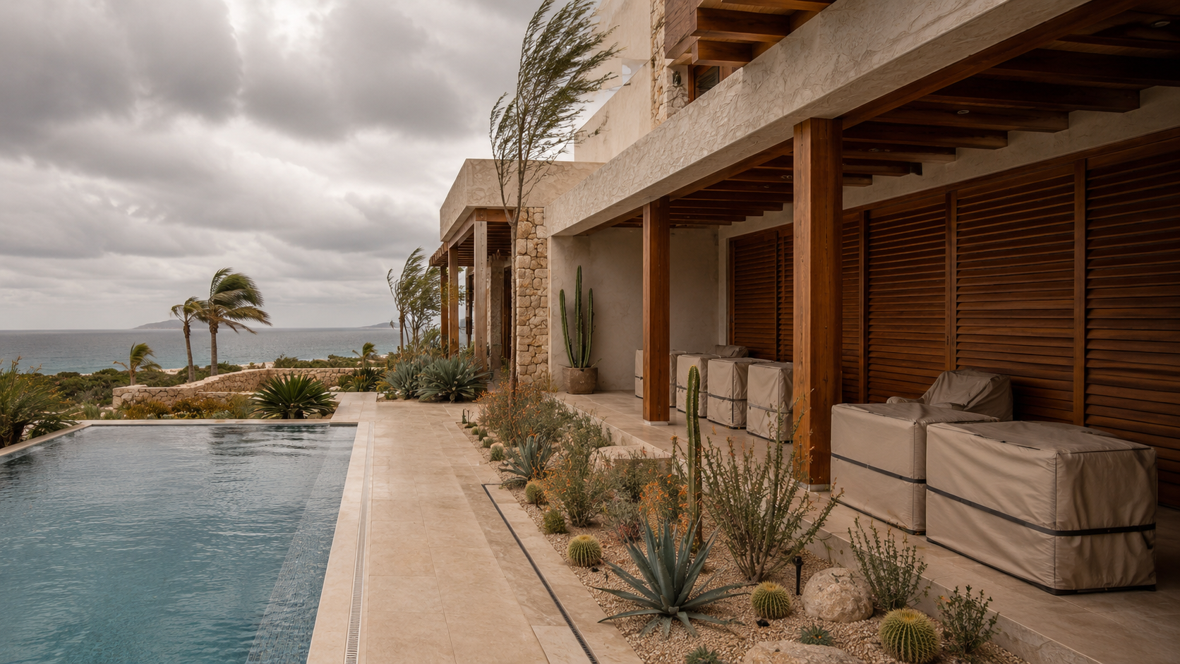 Post-storm property inspection at a contemporary Los Cabos residence with a wet terrace, lightly disturbed pool, minor windblown debris and residence folder with keys prepared for owner reporting.