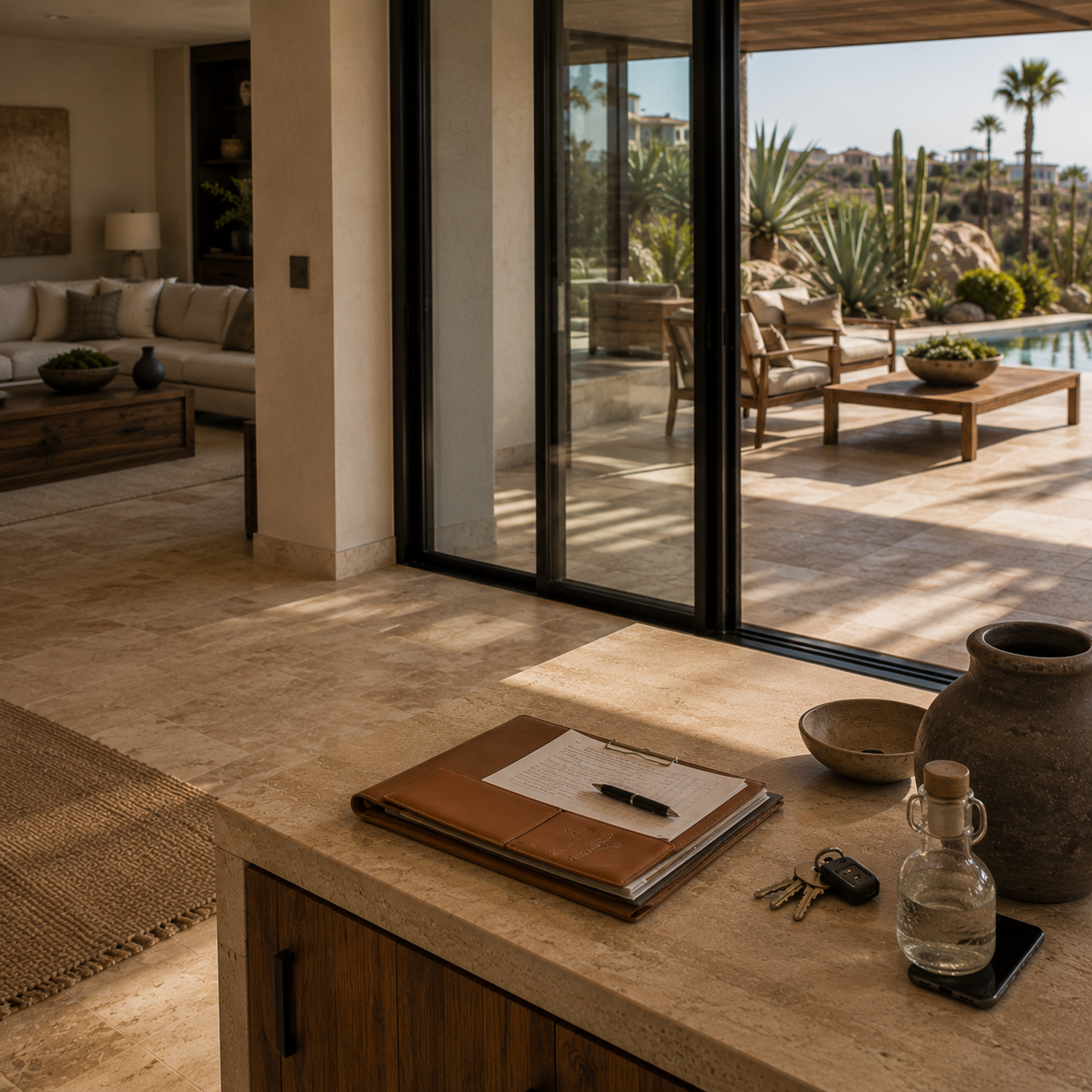 Private Los Cabos residence organized after owner departure with property keys and checklist prepared for continued residence care.