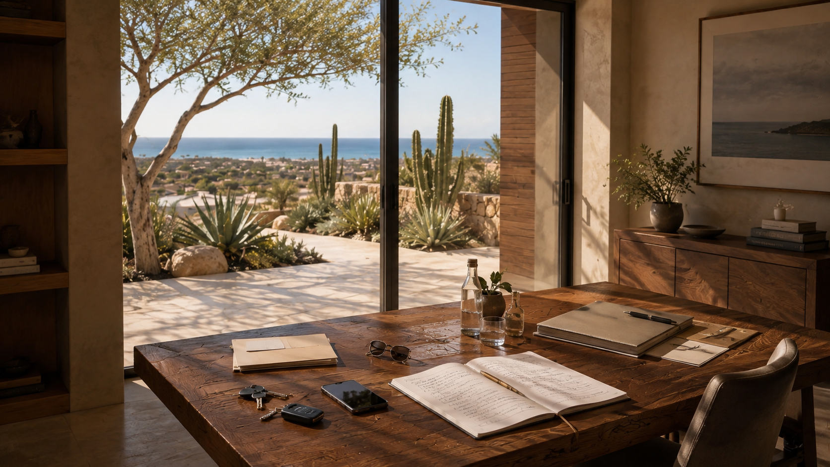 Residence desk with itinerary, property keys and local arrangements representing private concierge services for homeowners in Los Cabos.