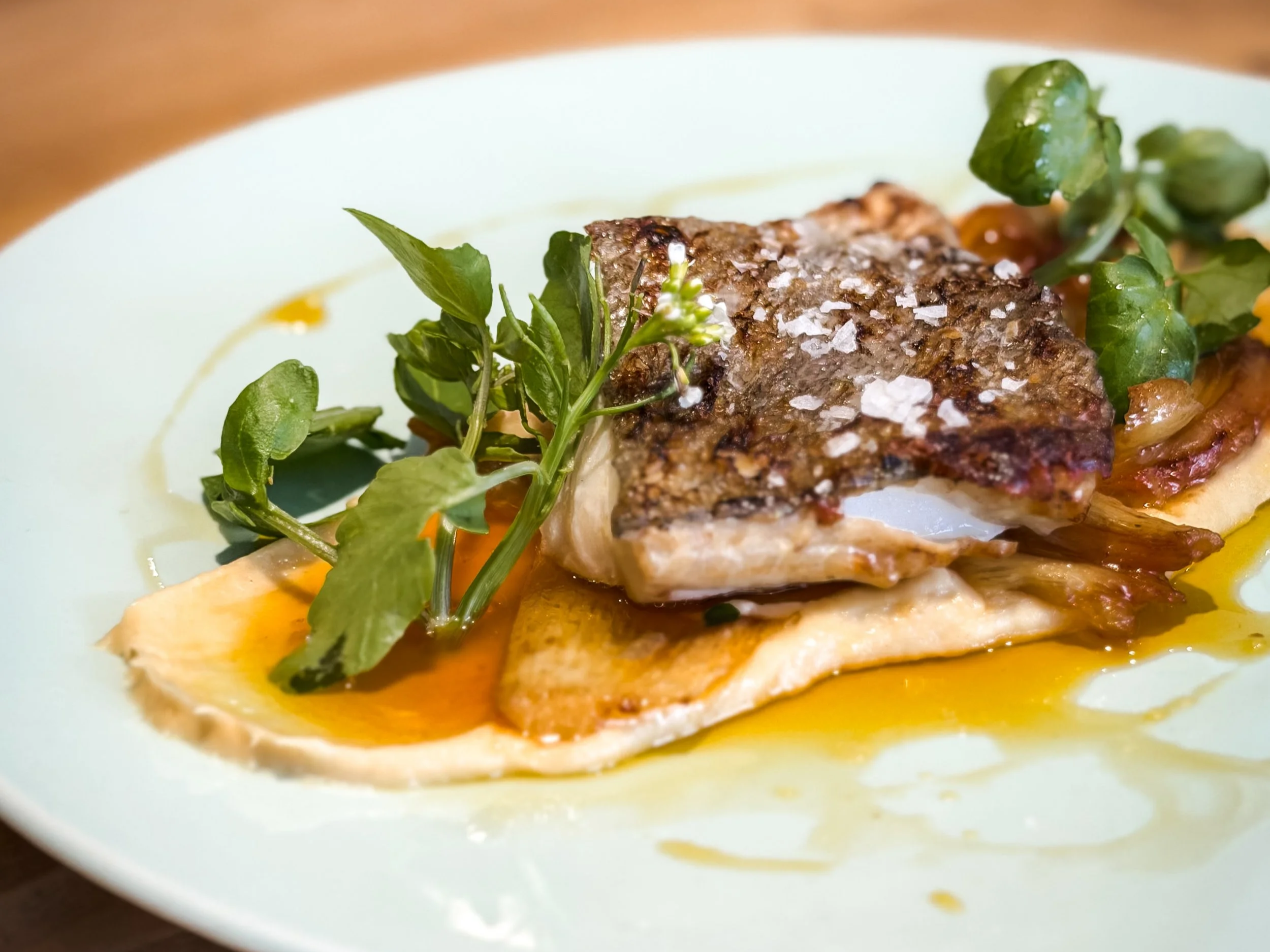 Close-up view of a plated dish featuring a piece of cooked fish topped with herbs and coarse salt, with a leafy green garnish, presented on a white plate with a creamy yellow sauce.