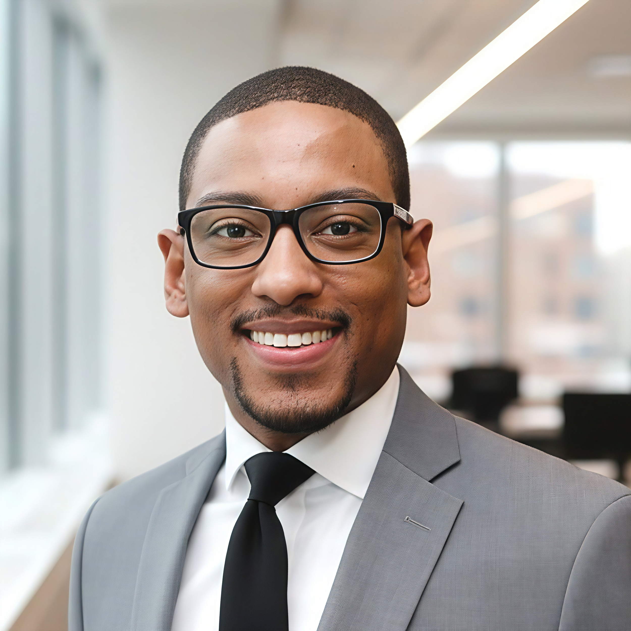 A man dressed in a light gray suit, white shirt, and black tie, with short dark hair, glasses, and a smile, standing in a modern indoor setting with blurred background.