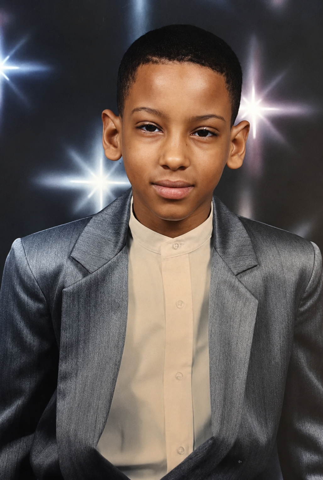 Portrait of a young boy wearing a shiny grey suit and beige shirt, with a dark background featuring star-like light effects.