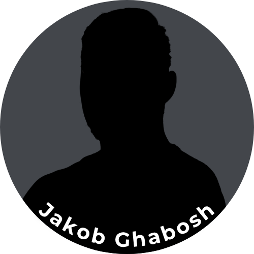 Silhouette of a person with short hair on a circular dark background, with the name Jacob Ghabosh written at the bottom.