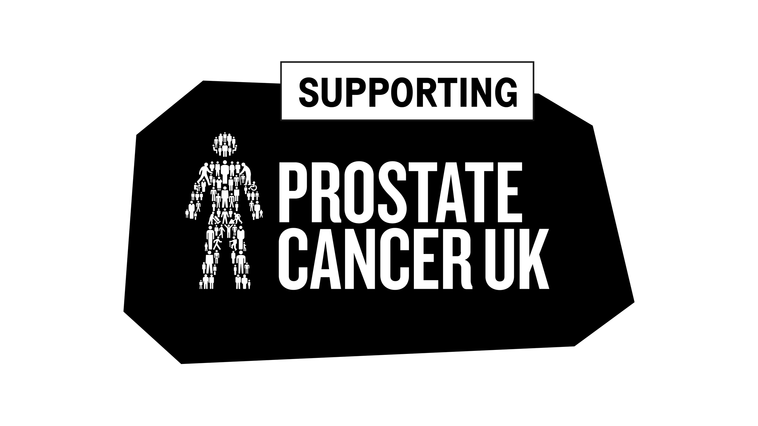 Black background with white text supporting prostate cancer awareness, featuring a graphic of a male figure made of small white human icons.