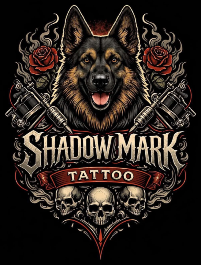 Design featuring a realistic German Shepherd dog's head, roses, tattoo guns, and skulls with the text 'Shadow Mark Tattoo' in a gothic style.