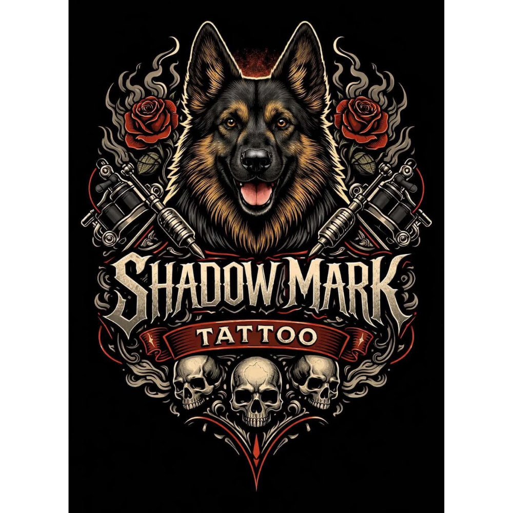 A detailed tattoo design featuring a German shepherd dog's head, two roses, tattoo machines, and skulls, with the text 'Shadow Mark Tattoo'.