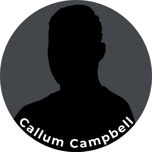 Silhouette of a person with short hair, facing forward, against a dark background, with the name 'Callum Campbell' curved around the bottom.