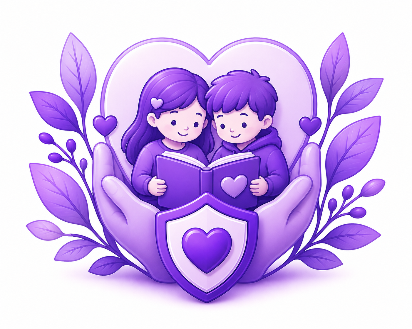 A digital illustration of a boy and girl reading a book together, surrounded by purple leaves and hearts, with a protective shield and heart emblem at the bottom, all in shades of purple.