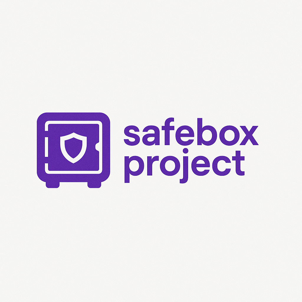 Logo of SafeBox Project featuring a purple safe with a shield emblem and the text 'safebox project' in purple.