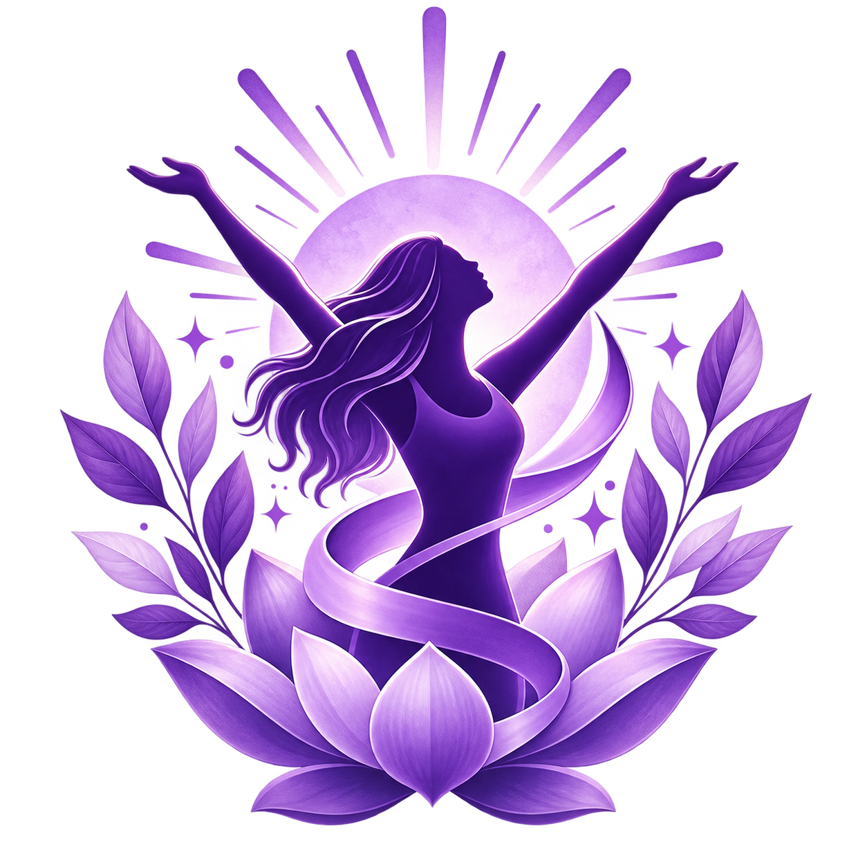 Illustration of a woman with long hair and arms raised, surrounded by purple lotus flower petals and leaves, with a glowing moon and radiating light in the background.