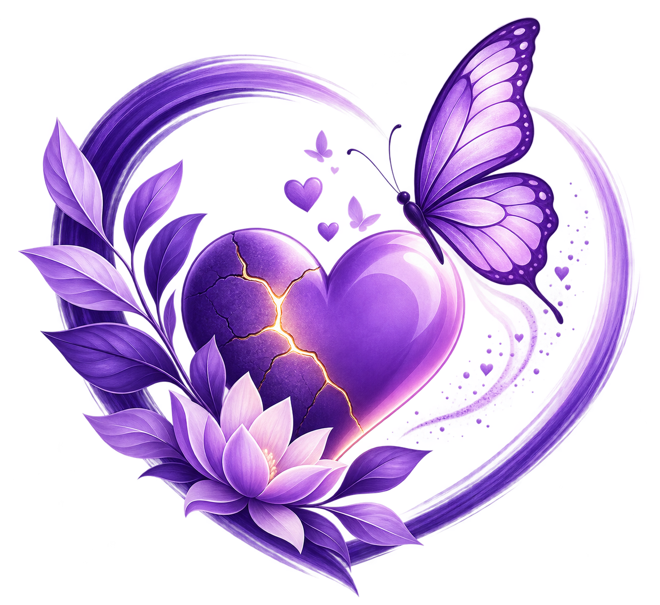 A digital illustration of a purple heart with a crack, surrounded by purple leaves, a lotus flower, a butterfly with purple wings, and small floating hearts and butterflies, all within a purple circular frame.