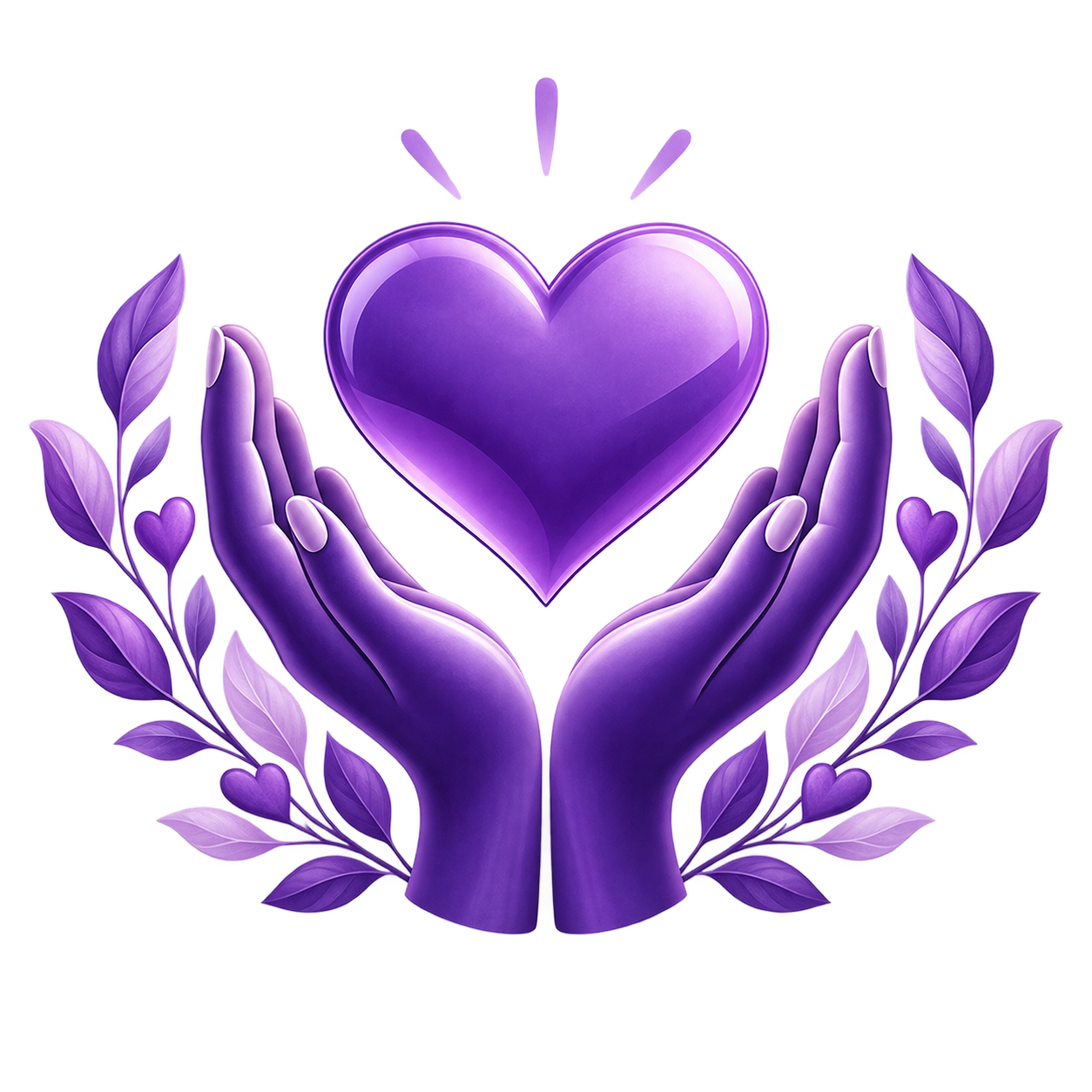 Two purple hands holding a purple heart surrounded by purple leaves and smaller purple hearts.