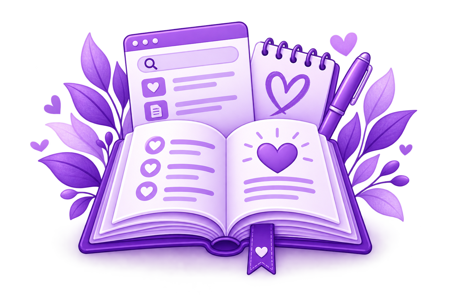 A digital illustration features an open purple book with a heart on the right page, surrounded by purple leaves, a notepad with a heart drawing, a pen, and a digital screen with search and list icons, all in shades of purple.
