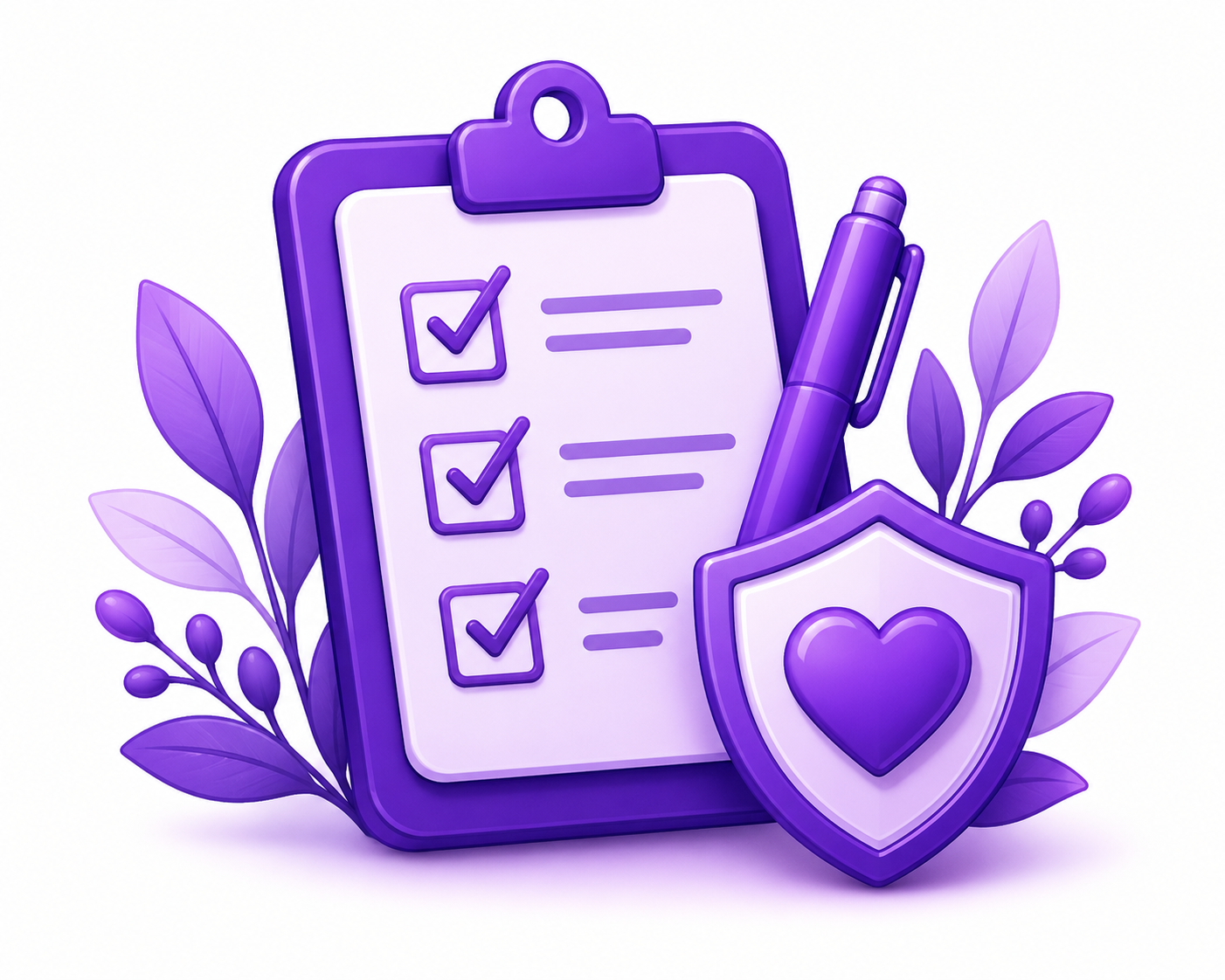 A purple clipboard with a checklist of three items, a purple pen, and a purple shield with a heart, surrounded by purple leaves