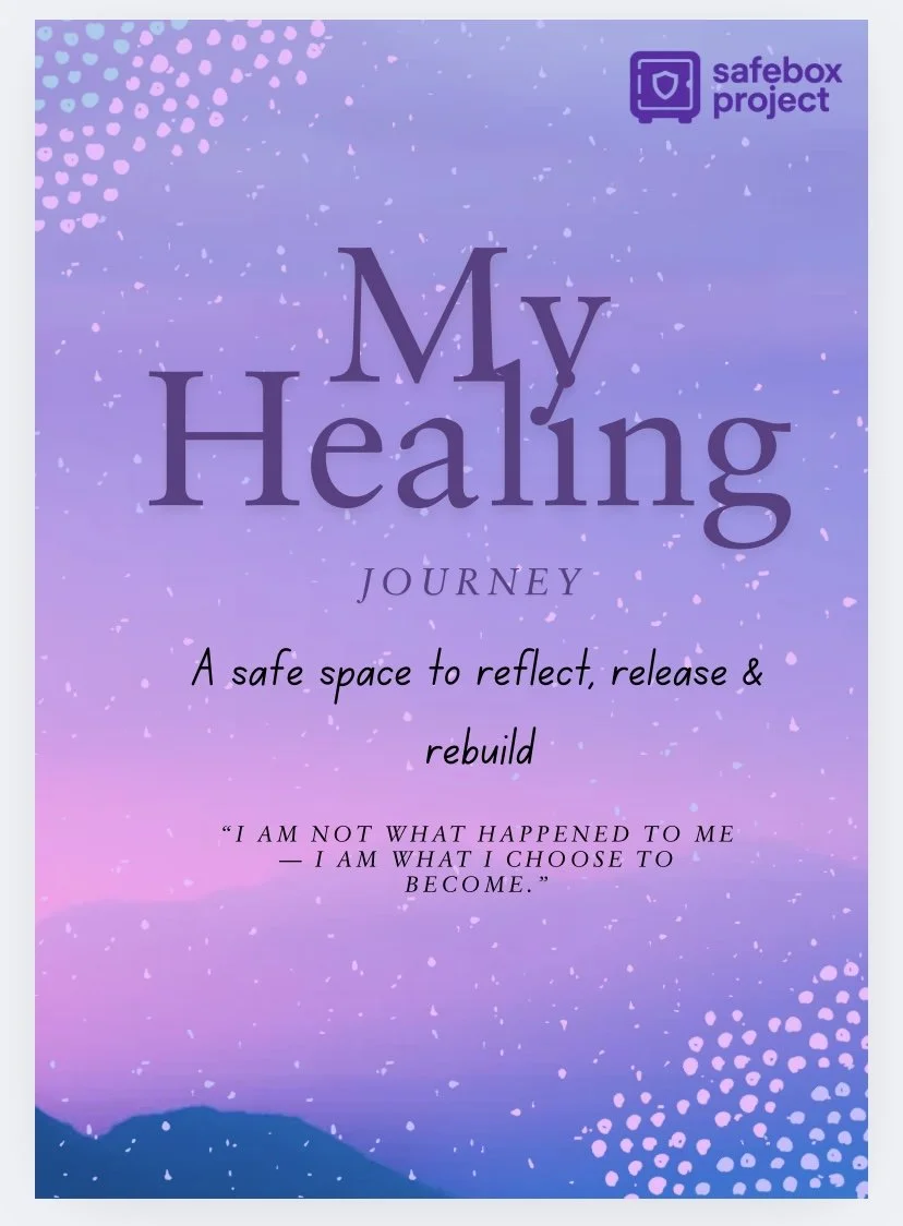 A purple and blue gradient book cover titled "My Healing Journey" with a quote about choosing to become. The cover features a Safebox Project logo in the top right corner.