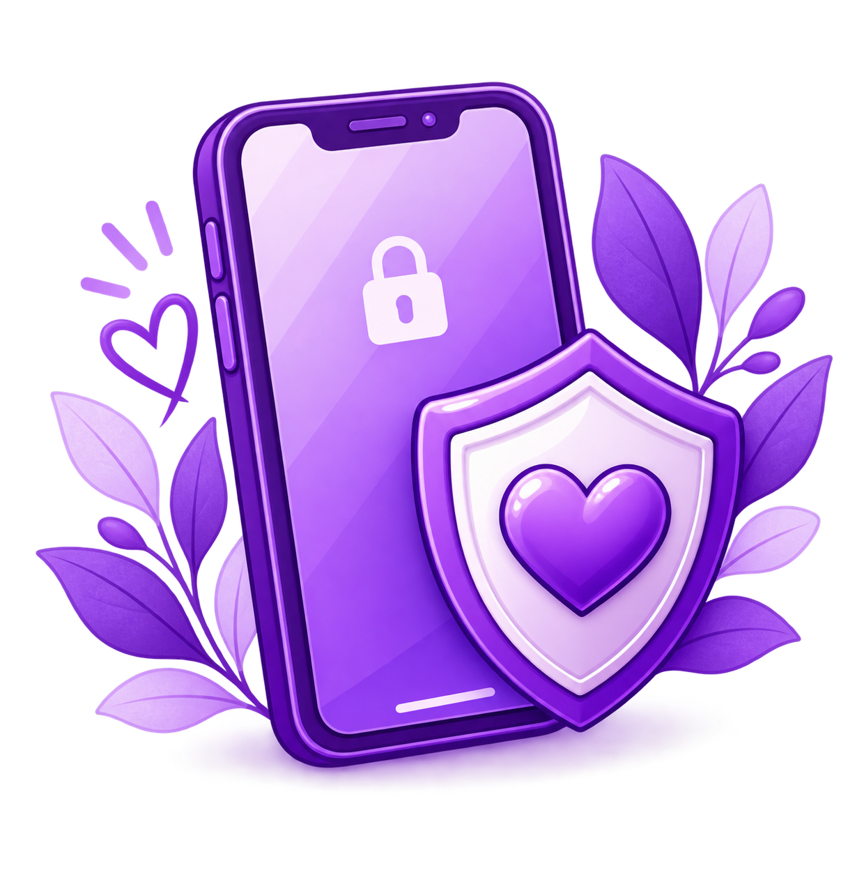 A purple mobile phone with a lock icon on the screen, a shield with a heart in front of the phone, and purple leaves and hearts in the background.