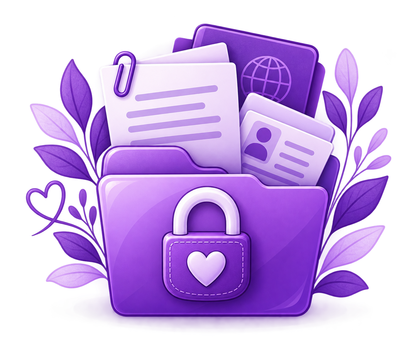 A purple folder filled with digital documents, identification cards, and folders, surrounded by purple leaves and decorated with a lock featuring a heart symbol, symbolizing digital privacy or personal data security.
