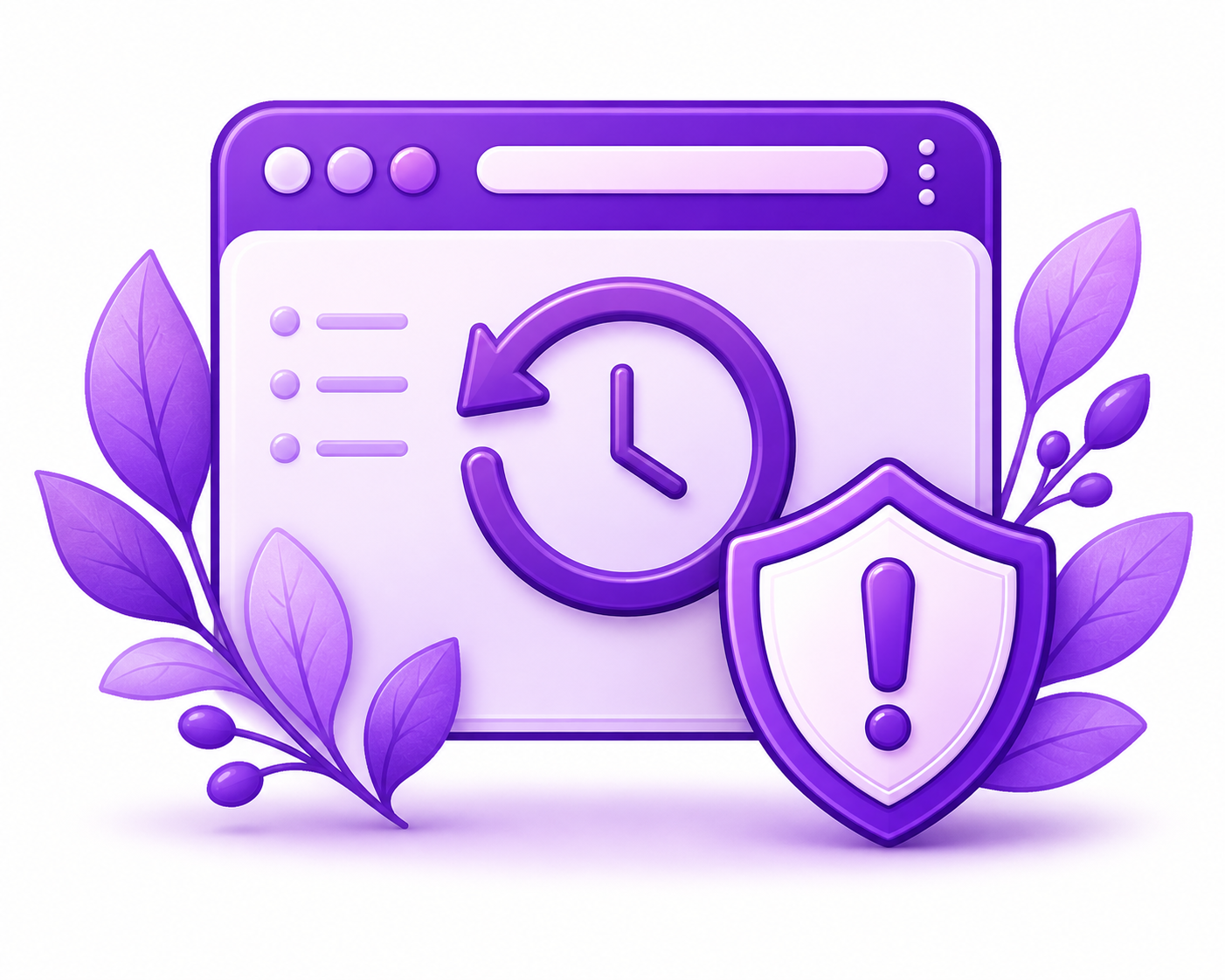 A digital illustration of a web browser window with a clock and a circular arrow, surrounded by purple leaves and a shield with an exclamation mark, symbolizing security and backup features.