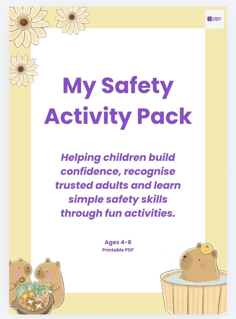 Cover page of 'My Safety Activity Pack' with cartoon bears, flowers, and a gentle yellow background, designed for children ages 4-8.